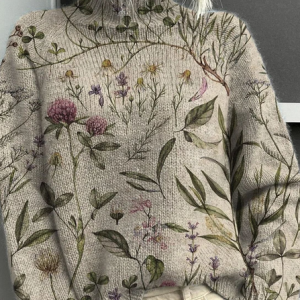 Women Floral Long Sleeve Comfy Vintage Printing Sweater, Sweaters, color:Khaki|size:4XL, catalog Noracora shop