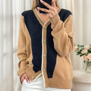 Women Cotton Color Block Long Sleeve Comfy Casual Cardigan, Sweaters, color:Camel|size:XL, catalog Noracora shop