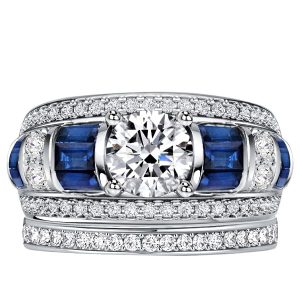 bridal sets - Italo Baguette & Round Blue & White Sapphire Bridal Set Wedding Band Ring, Italo jewelry - Online Catalog