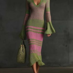 Elegant Wool-Blend Color Block Bell Sleeve V-Neck Sweater Midi Dress, Midi Dresses, color:As Picture|size:XXL, Stylewe