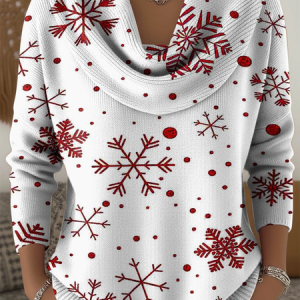 Women Christmas Printing Spring/Fall Casual Long Sleeve Cowl Neck Sweater, JustFashionNow Sweaters, color:White|size:3XL,