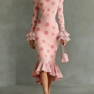 Elegant Polka Dots Stand Collar Dress, Midi Dresses, color:Pink|size:XXL, Stylewe