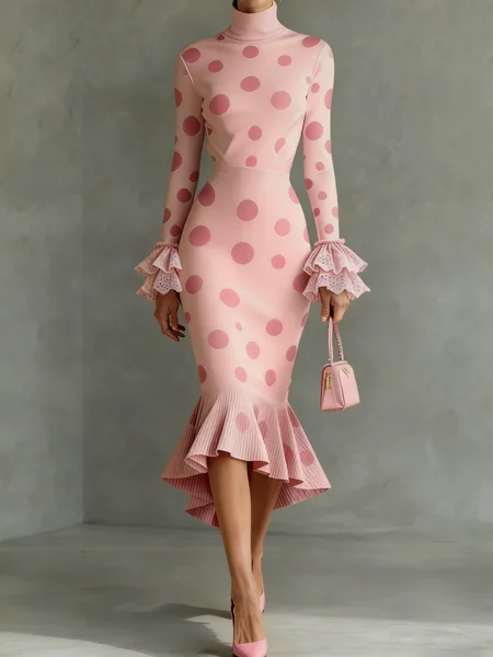 Elegant Polka Dots Stand Collar Dress, Midi Dresses, color:Pink|size:XXL, Stylewe