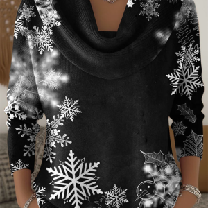 Women Christmas Printing Spring/Fall Casual Long Sleeve Cowl Neck Sweater, JustFashionNow Sweaters, color:Black|size:3XL,