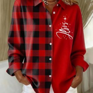 Shawl Collar Long Sleeve Christmas Regular Loose Shirt For Women, Shirts, color:Color2|size:4XL, catalog Noracora shop