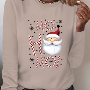 Casual Santa Claus Crew Neck Long Sleeve T-shirt, T-shirts, color:Apricot|size:XXL, catalog Noracora shop