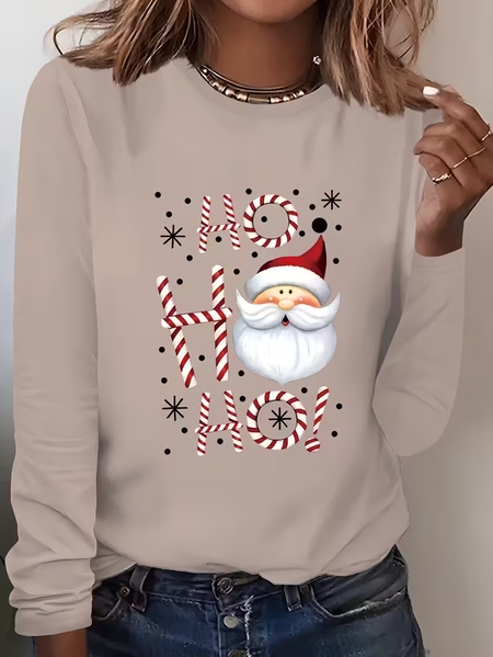 Women Santa Claus Long Sleeve Tee T-shirt Crew Neck Printing Casual Spring/Fall Graphic Tee Top, JustFashionNow T-Shirts, color:Apricot|size:XXL,