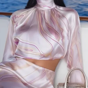 Satin Elegant Random Print Printing Stand Collar Blouse, Blouses and Shirts, color:Pink|size:XXL, Stylewe
