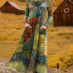 Women Geometric Spring/Fall Dress Cowl Neck Long Sleeve H-Line Dress, Dresses, color:Green|size:5XL, catalog Noracora shop