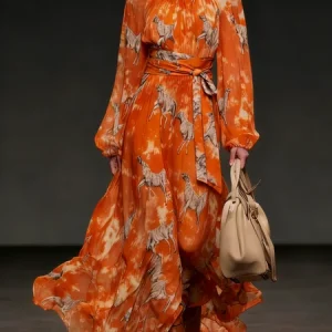 Vacation Animal Turtleneck Maxi Dress Belt, Maxi Dresses, color:Orange|size:XXL, Stylewe