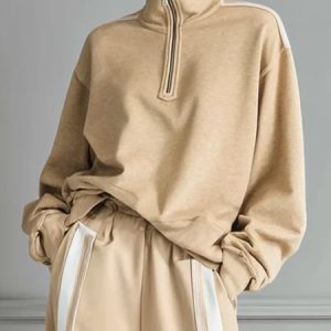 Casual Plain Zipper Stand Collar Raglan Sleeves Sweatshirt, Hoodies and Sweatshirts, color:Light Khaki|size:XXL, Stylewe