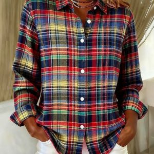 Shawl Collar Long Sleeve Plaid Regular Loose Shirt For Women, Shirts, color:Color3|size:4XL, catalog Noracora shop