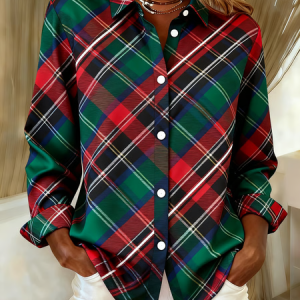 Shirt Collar Regular Sleeve Long Sleeve Plaid Buckle Regular Loose Button Up Shirt Shirt For Women, Shirts, color:Green|size:XXL, catalog Noracora shop