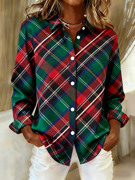 Women Plaid Long Sleeve Shirt Spring/Fall Buckle Shirt Collar Regular Sleeve Daily Casual Top, JustFashionNow Shirts, color:Green|size:XXL,