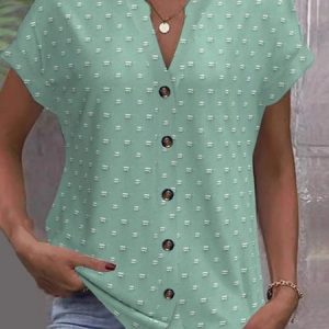 Women Polka Dots Short Sleeve Tee T-shirt V Neck Jacquard Casual Summer Top, JustFashionNow T-Shirts, color:Green|size:3XL,