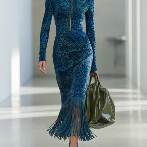 Velvet Elegant Leopard Zipper Turtleneck Midi Dress, Midi Dresses, color:Blue|size:XXL, Stylewe