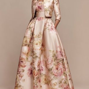 Elegant Floral Printing Stand Collar Maxi Dress With Coat, Maxi Dresses, color:Pink|size:XXL, Stylewe
