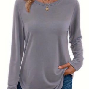 Casual Plain Color Crew Neck Long Sleeve T-shirt, T-shirts, color:Gray|size:XXL, catalog Noracora shop