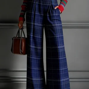 Urban Plaid Printing Wide Leg Fashion Pants No Belt, Pants, color:Blue|size:XXL, Stylewe