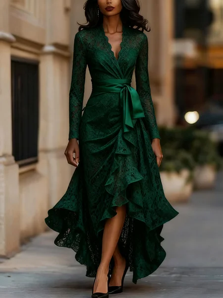 Elegant Plain Peplum Cross Neck Party Maxi Dress, Maxi Dresses, color:Green|size:XXL, Stylewe