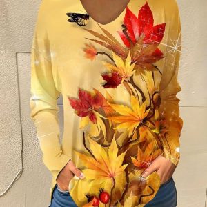 V Neck Long Sleeve Maple Leaf Regular Micro-Elasticity Loose Blouse For Women, T-shirts, color:Light Orange|size:XXL, catalog Noracora shop