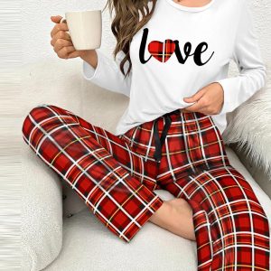 Plaid Love Heart Print Drawstring Pajamas Set, women Pajamas Sets, ChicMe catalog