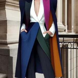 Urban Lapel Collar Color Block Loose Cloak, Poncho and Capes, color:As Picture|size:XXL, Stylewe