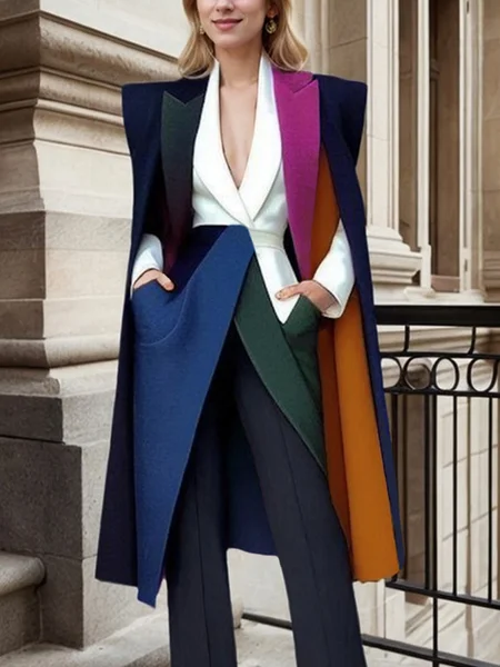 Urban Lapel Collar Color Block Loose Cloak, Poncho and Capes, color:As Picture|size:XXL, Stylewe