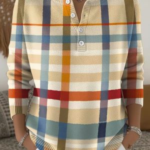 Women Geometric Long Sleeve Comfy Casual Sweater, Sweaters, color:Beige|size:4XL, catalog Noracora shop