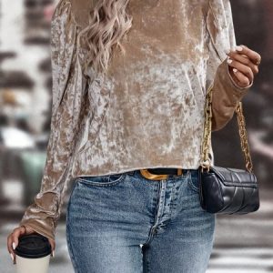 Women Plain Long Sleeve Tee T-shirt Crew Neck Split Joint Vintage Spring/Fall Top, JustFashionNow T-Shirts, color:Apricot|size:XXL,