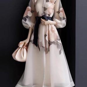 Elegant Regular Fit Floral Shirt Dress With Belt, Midi Dresses, color:Multicolor|size:XXL, Stylewe