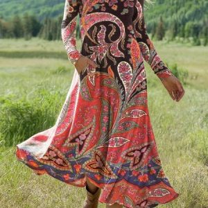 Women Geometric Summer Dress Crew Neck Long Sleeve H-Line Dress, Dresses, color:Deep Red|size:XL, catalog Noracora shop