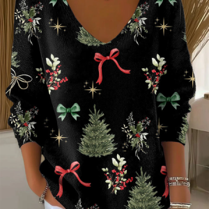 Women Christmas Long Sleeve Tee T-shirt V Neck Printing Casual Spring/Fall Top, JustFashionNow T-Shirts, color:Black|size:4XL,