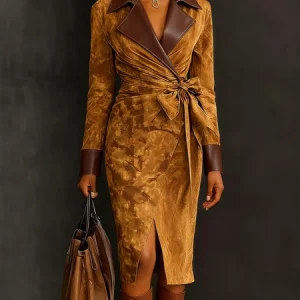 Urban Split Joint Color Block Lapel Collar Faux Leather Coat With Belt, Midi Dresses, color:Yellow Brown|size:XXL, Stylewe