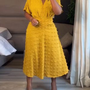 Swiss Dot V Neck Short Sleeve Dress Casual Ruched Waist Midi Dress, women Midi Dresses, ChicMe catalog