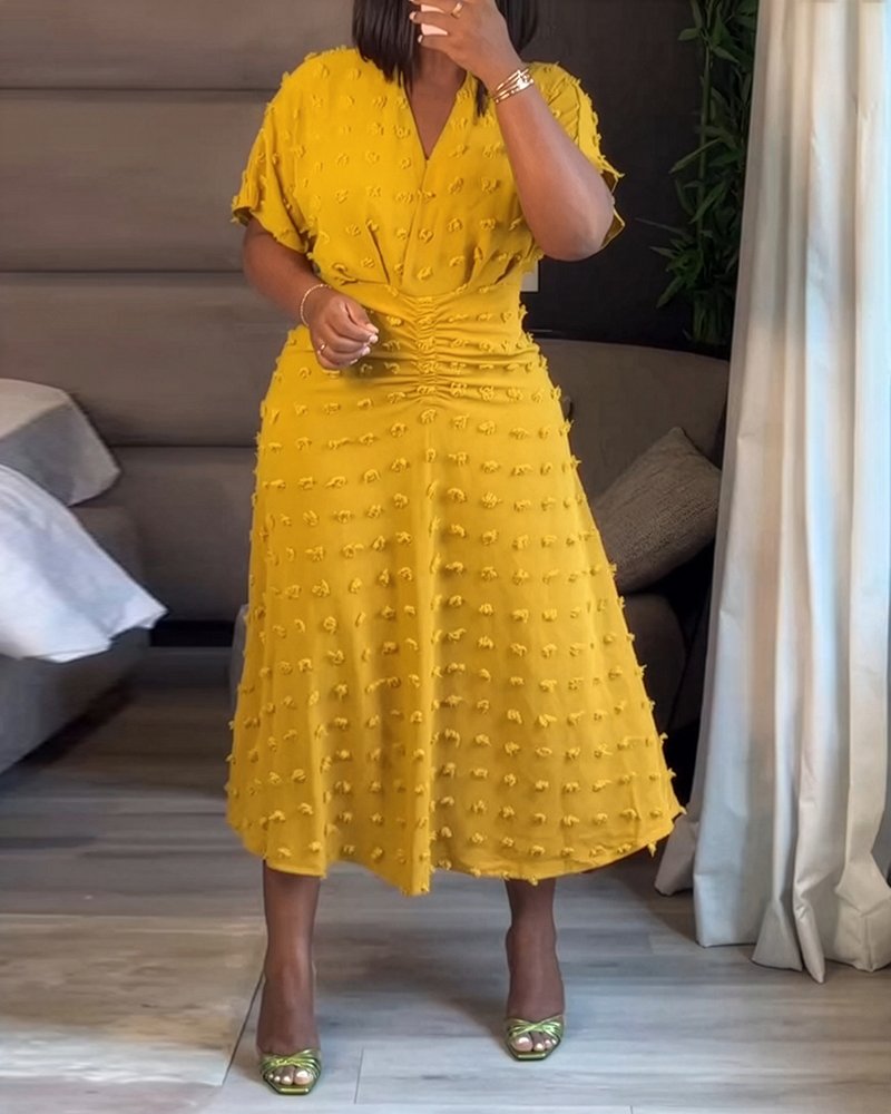 Swiss Dot V Neck Short Sleeve Dress Casual Ruched Waist Midi Dress, women Midi Dresses, ChicMe catalog
