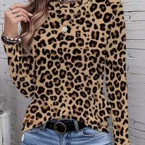 Casual Leopard Crew Neck Long Sleeve T-shirt, T-shirts, color:Camel|size:XXL, catalog Noracora shop