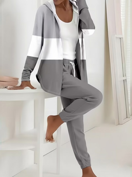 Women Multicolor Block Printing Two-Piece Set Daily Long Sleeve Casual Spring/Fall Coat With Pants Matching Set, JustFashionNow Suit Set, color:Gray|size:XXL,