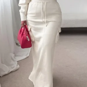 Casual Pockets Plain Maxi Skirt, Skirts, color:White|size:XXL, Stylewe