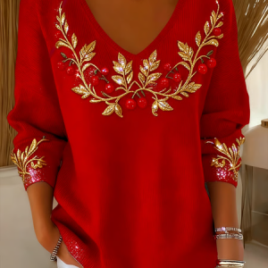 Casual Christmas V Neck Long Sleeve T-shirt, Sweaters, color:Red|size:4XL, catalog Noracora shop