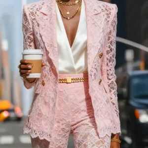 Lace Elegant Shoulder Pad Plain Lapel Collar Blazer, Blazers, color:Pink|size:XXL, Stylewe