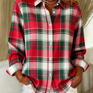 Shirt Collar Regular Sleeve Long Sleeve Plaid Buckle Regular Loose Button Up Shirt Shirt For Women, Shirts, color:Red|size:XXL, catalog Noracora shop
