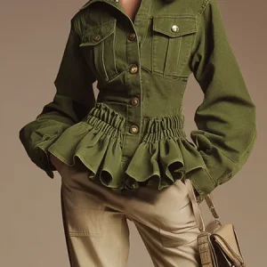 Urban Ruched Plain Shirt Collar Denim Jacket, Jackets, color:Green|size:XXL, Stylewe
