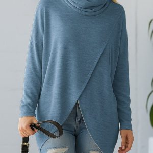 Women Plain Long Sleeve Tee T-shirt Mock Neck Asymmetric Casual Spring/Fall Top, JustFashionNow T-Shirts, color:Blue|size:3XL,