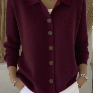 Women Cotton Plain Long Sleeve Comfy Casual Cardigan, Sweaters, color:Wine Red|size:3XL, catalog Noracora shop