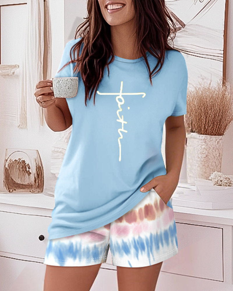 2 Pieces Outfit Graphic Pattern Short Sleeve Top and Casual Tie Dye Print Pants Set, women Pajamas Sets, ChicMe catalog - Image 3
