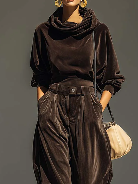 Velvet Casual Plain Hoodie Blouse, Blouses and Shirts, color:Brown|size:XXL, Stylewe