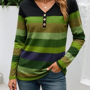 Casual Striped V Neck Long Sleeve T-shirt, T-shirts, color:Green|size:3XL, catalog Noracora shop