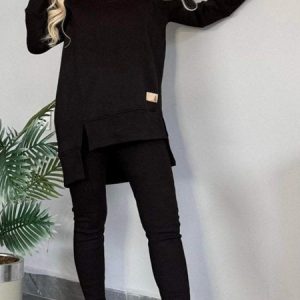 Women Plain Beaded Two-Piece Set Daily Long Sleeve Casual Spring/Fall Top With Pants Matching Set, Sets, color:Black|size:3XL, catalog Noracora shop