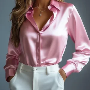 Satin Urban Plain Buttoned Shirt Collar Shirt, Blouses and Shirts, color:Pink|size:XXL, Stylewe
